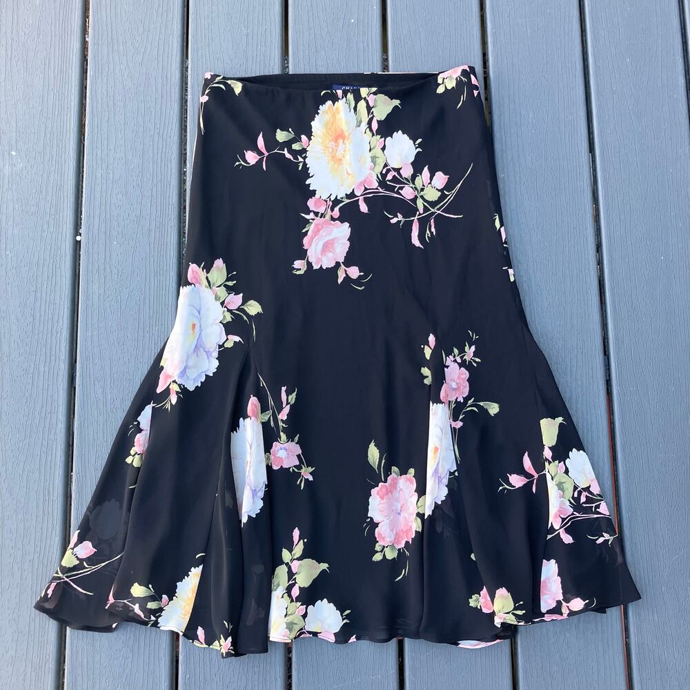 Black floral godet midi skirt, Y2K boho chic whimsigoth fairy castlecore